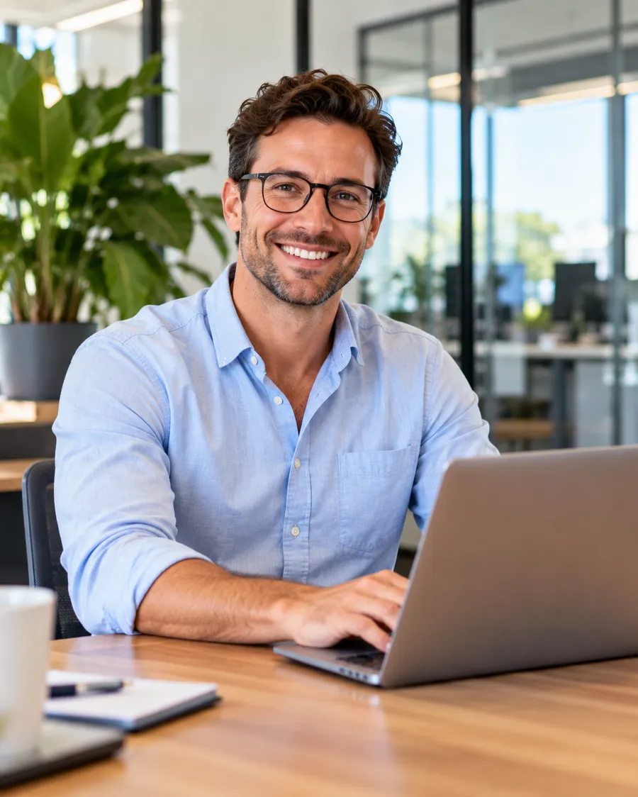 Smiling professional working on a laptop in a bright office