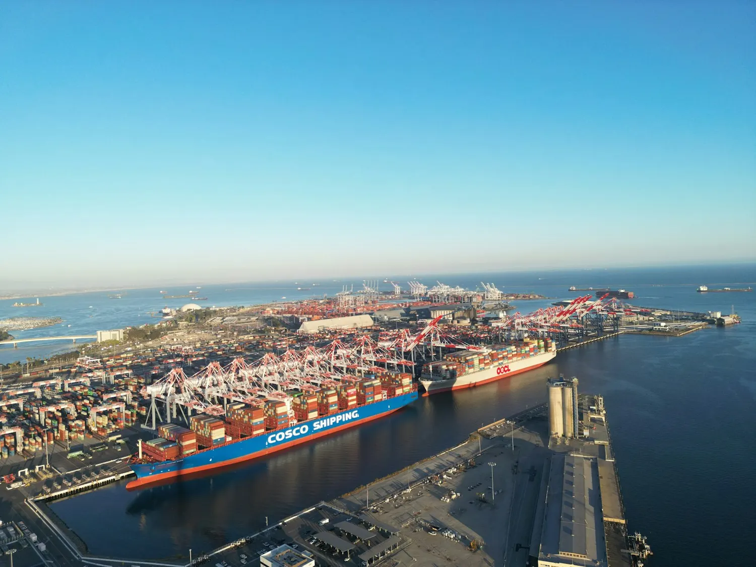 Aerial view of a busy container port